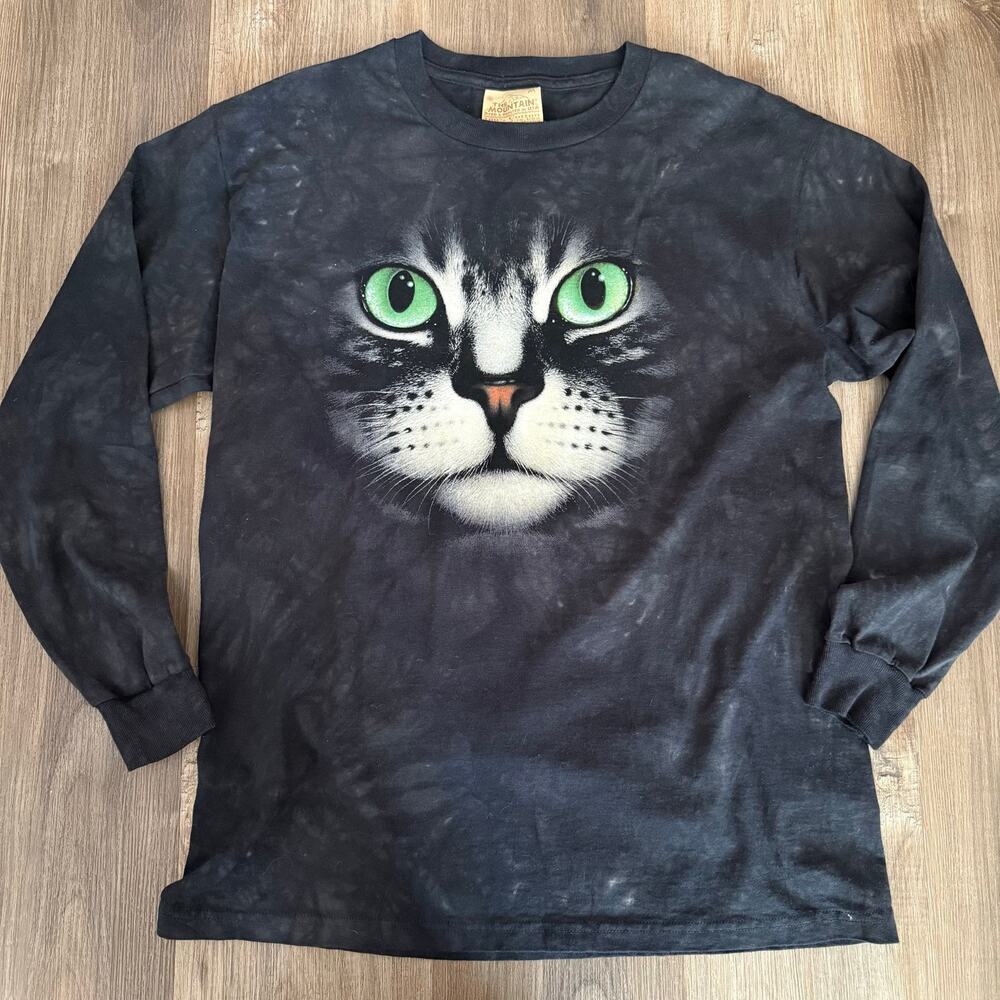 Vintage The Mountain Cat face green eyes t shirt Tie Dye long sleeve size M